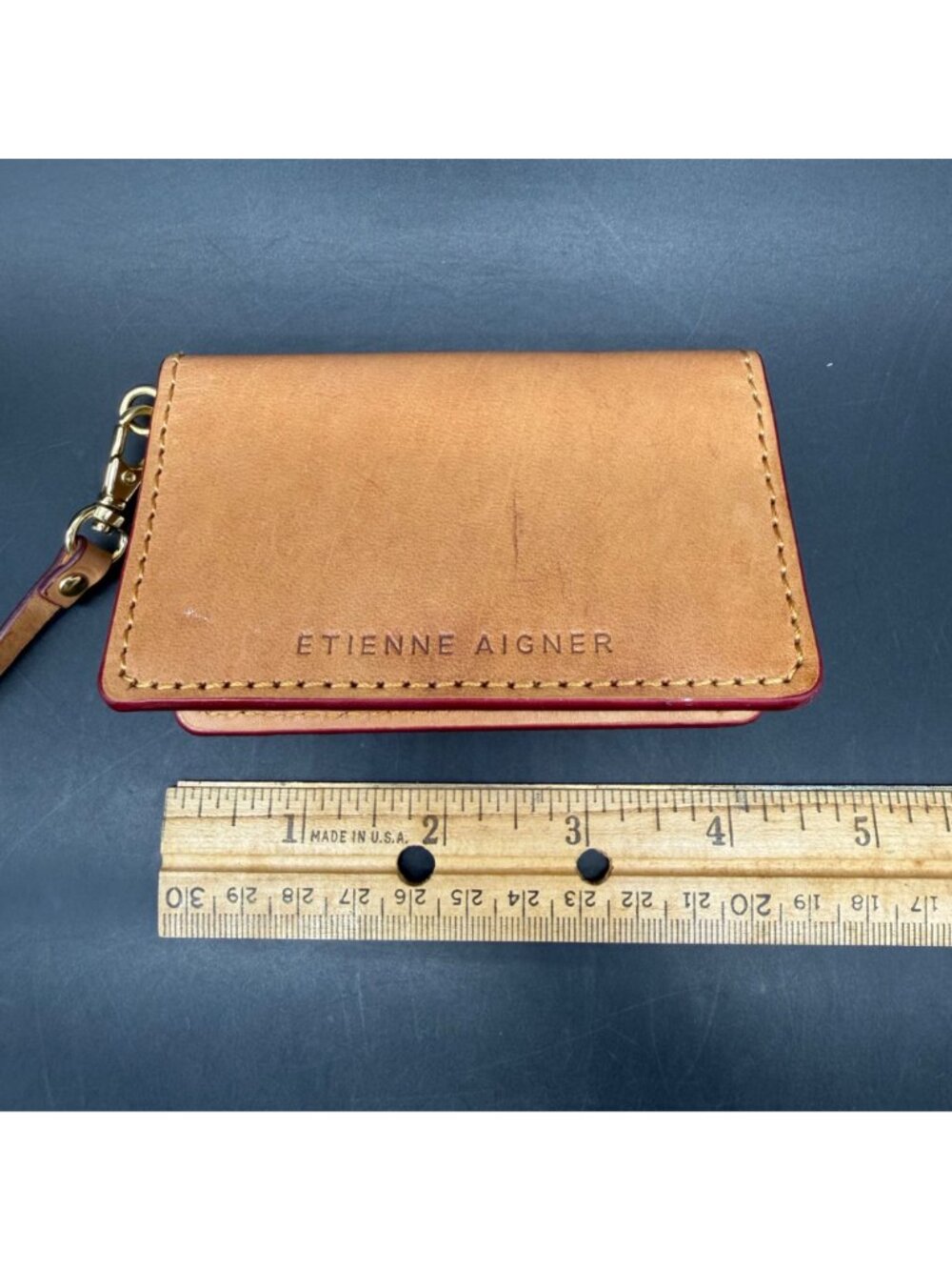 Etienne Aigner Tan Leather Card Case Wallet Wristlet Gold Hardware - Picture 12 of 13